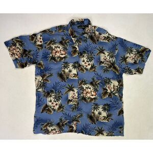 VINTAGE Pierre Cardin Hawaiian Shirt Men XL Floral Print Blue Short Sleeve